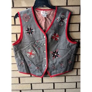 VTG Talbots Women's Gray Embroidered Snowflake Vest Size L Wool Blend